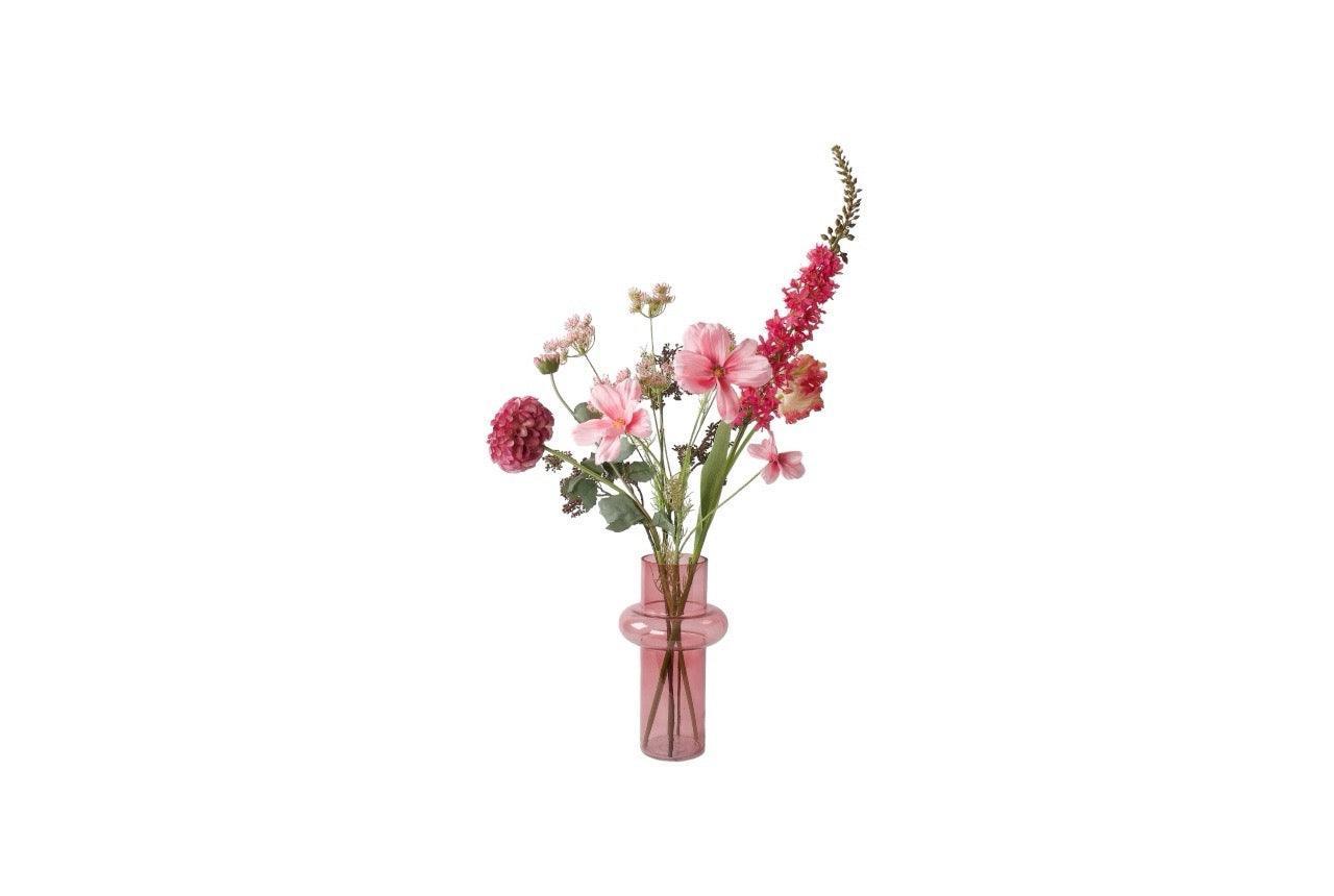Gebonden moederdagboeket kunstbloemen in de kleuren roze, pink en rood in een pink kleurige heldere glasvaas met Tak Bes Bordeaux Dahlia Pink Cosmea Roze Fluitekruid Roze Eremures Pink Tulp Pink
