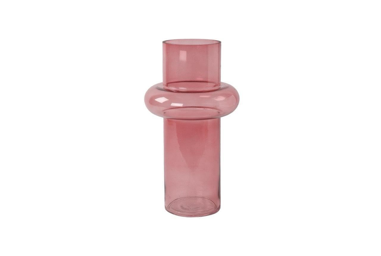 Pink kleurige glasvaas voor zijden bloemen met een bolling in het midden