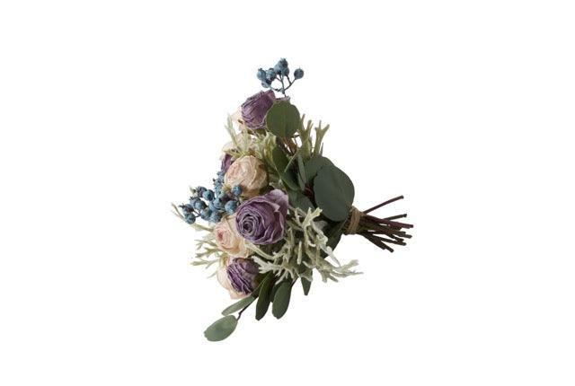 Kortgebonden Kunstboeket Rozen in lila en zacht lila op een glasvaas hoogte van het kunstbloemen boeket is 23cm liggend gefotografeerd