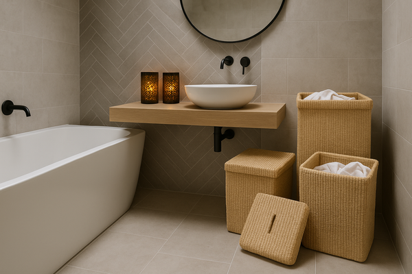 Moderne badkamer met 3 abaca manden met deksel en gaaswindlichten - WinQ