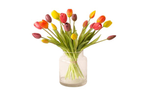 20 stuks kunsttulpen in 5 verschillende kleuren, geel,mauve, oranje, fuchsia op een bijpassende helder glasvaas - WinQ