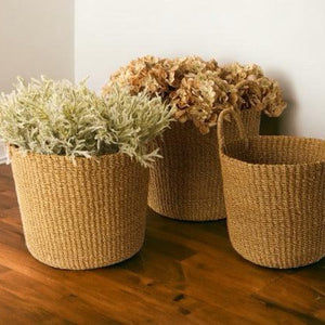 3 verschillende maten Abaca manden met hengsel met nepplanten op een houten vloer voor een witte muur
