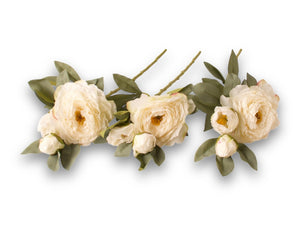 Losse foto van een liggende tak van een kunst pioenroos in de kleur Wit met 3 bloemen en groen blad - WinQ