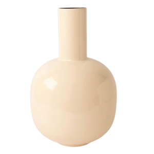 Glanzende beige keramische vaas met ronde buik en smalle hals, modern interieurdecor