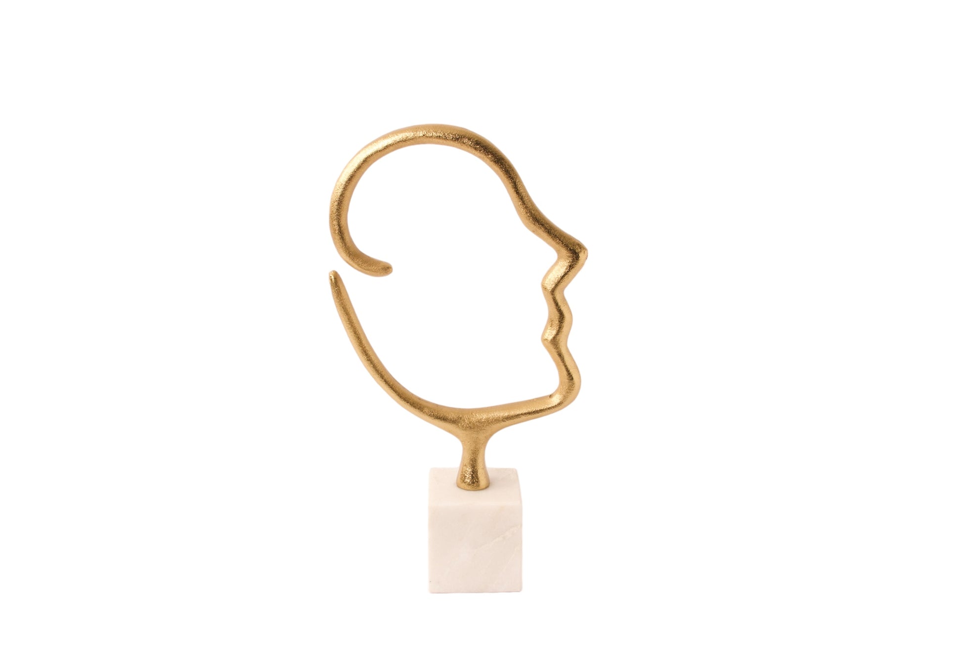Silhouet van een hoofd gemaakt van metalen staaf (2,75cm) in de kleur goud h: 29cm en breedte 20cm