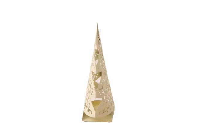 theelichthouder in de vorm an een dennenboom  13x17cm off white met goud van de zijkant gefotografeerd