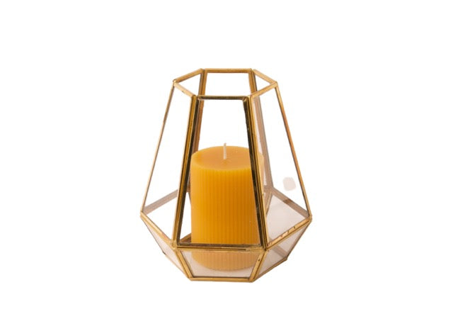 Glas Terrarium met Gouden afwerking 18x12cm met een gele rabbelaars 7x10cm
