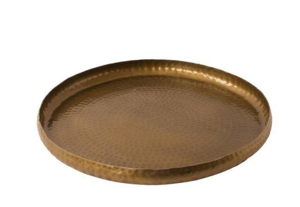 Decoratie schaal met hamerslag diameter 40cm en Presentatie schaal met hamerslag diameter 40cm en rand 4cm in de kleur antiek goud 4cm in de kleur antiek goud