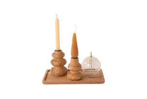 decoratieplateau Naturel Acacia 35x15x2cm gedoreers met 2 houten kandelaars en bol olielampje