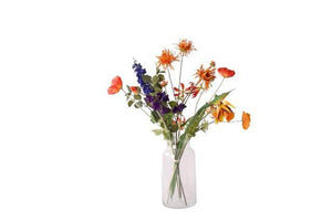 Kunstbloemen Veldboeket Rood/ Blauw/ Oranje inclusief Glasvaas