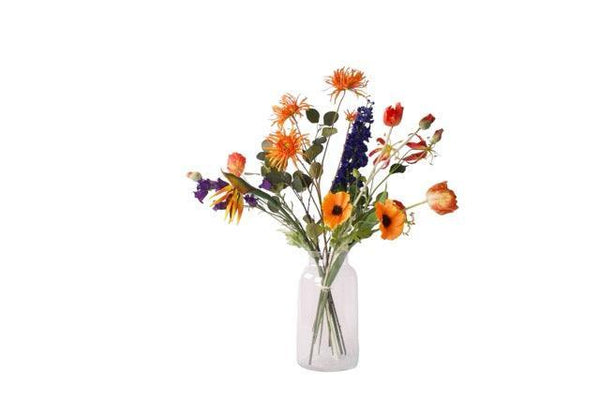 Kunstbloemen Veldboeket Rood/ Blauw/ Oranje inclusief Glasvaas