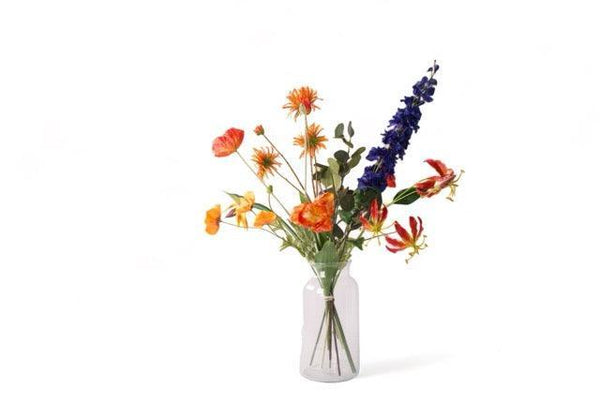 Kunstbloemen Veldboeket Rood/ Blauw/ Oranje inclusief Glasvaas met oa Delphinium,papaver, dahlia en de tulp
