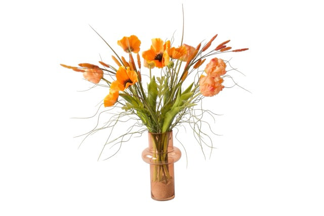 Gebonden VeldBoeket Zijden Bloemen Oranje incl. vaas