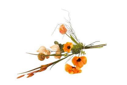 Plukboeket Kunstbloemen in Oranje/ Crème/ Oker inclusief Glasvaas liggend als detail gefotografeerd