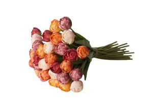 Boeket kunstbloemen tulpen in 5 kleuren totaal 35 stuks in 5 voorjaarskleuren liggend gefotografeerd