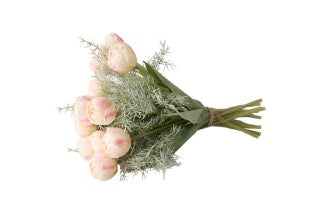 boeket roze tulpen met grijs. groen blad liggend gefotografeerd