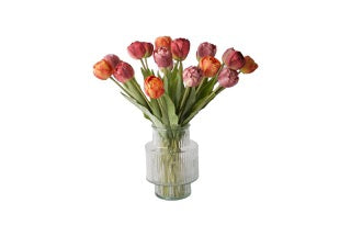 Boeket kunsttulpen in de kleuren rood, mauve en warm oranje in een glasvaas totaal 21 nep tulpen