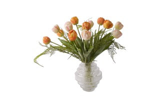 Zijden boeket van 24 tulpen (42cm)  in de kleuren oranje en roze in een glasvaas