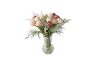 kunstboeket Tulpen in roze, wit en mauve in een hoge glasvaas