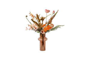Veldboeket kunstbloemen bloemen in de kleurcombinatie Zalm en Oranje met een diversiteit aan voorjaarsbloemen op een glazen vaas