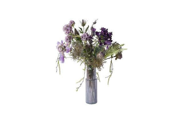 PlukBoeket Kunstbloemen Lila en Blauw op een glasvaas gefotografeerd met diverse bloemen