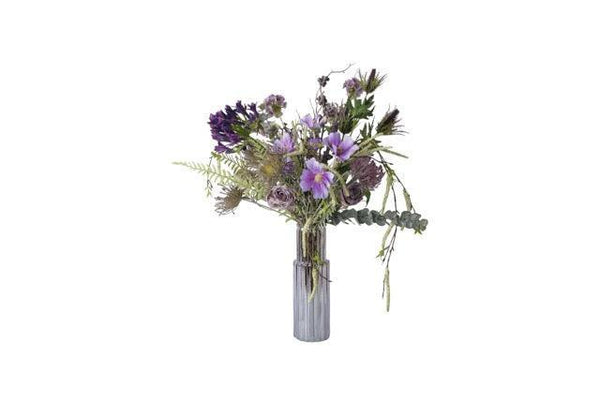 PlukBoeket Kunstbloemen Lila en Blauw op een glasvaas met diverse bloemen