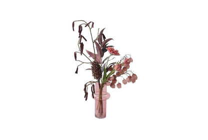 Moederdag Plukboeket in mauve en bordeaux metElzentak Physalis Mauve Gierst Gerbera Tulp tak Eucalyptus Grijs/rood in een licht roze vaas 