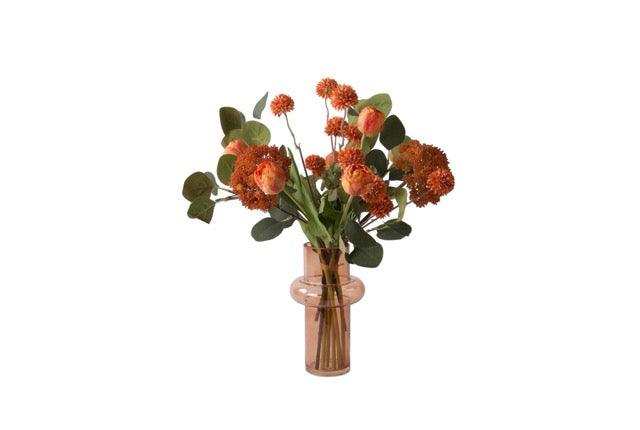 Gebonden kunstbloemen Boeket In Oranje metTulp warm Oranje Eucalyptus Zinnia Oranje Scherm oranje 