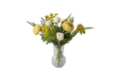 Bos kunstbloemen met Tulp wit Fluitekruid geel Ranonkel Geel Tak Mimosa
