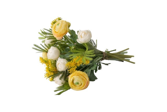 liggende gefotografeerde productfoto van een Fris Voorjaars Kunstbloemen Boeket in Geel met Wit met Tulpen wit, Fluitekruid geel, Ranonkel Geel, Tak Mimosa 