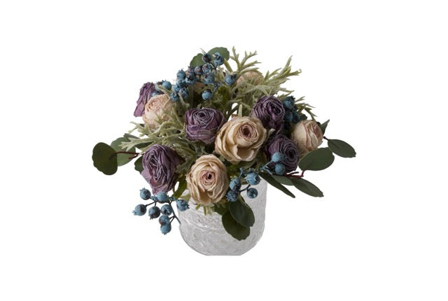 Kortgebonden boeket kunst Rozen in lila en zacht lila op een glasvaas hoogte van het kunstbloemen boeket is 23cm