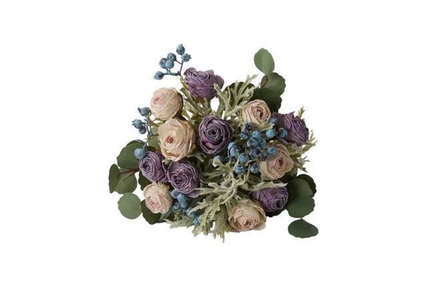 Kortgebonden Kunstboeket Rozen in lila en zacht lila op een glasvaas hoogte van het kunstbloemen boeket is 23cm liggend van voren