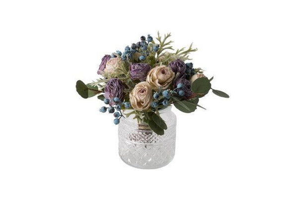 Kortgebonden Kunstboeket Rozen in lila en zacht lila op een glasvaas hoogte van het kunstbloemen boeket is 23cm