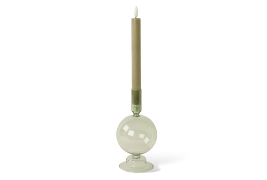 Bolvormige glaskandelaar gemaakt van fijn glas in de maat 8,5x15cm in een trendy grijs groene kleur met een ledkaars stone - WinQ
