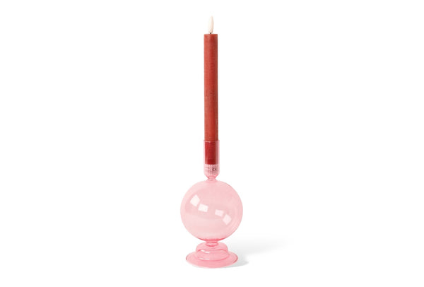 Bolvormige kandelaar glas in de kleur zalm roze 8,5x18cm met rode led-kaars - WinQ