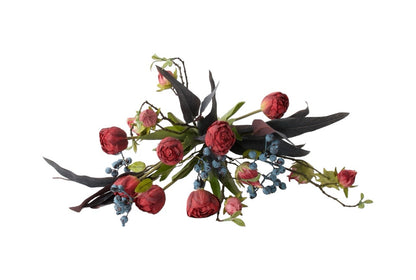 Gebonden Moederdag Boeket in Rood met Hibiscus, Tulp Rood, Bes Blauw, Tak Eucalyptus Grijs/Rood liggend gefotografeerd van voren