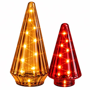 2 glazen cones pink en donkerrood glas uitgevoerd met led op een schaal met sneeuw - WInQ