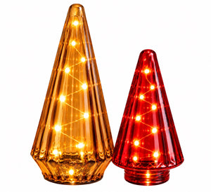 2 glazen cones pink en donkerrood glas uitgevoerd met led op een schaal met sneeuw - WInQ