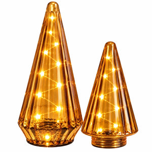 2 glazen cones geel en amber glas uitgevoerd met led op een schaal met sneeuw - WInQ