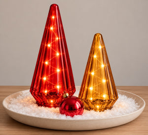 2 glazen rode en oranje cones van glas uitgevoerd met led op een schaal met sneeuw - WInQ