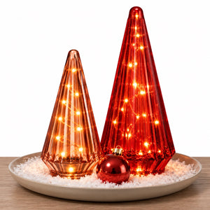 2 glazen rode en pink cones van glas uitgevoerd met led op een schaal met sneeuw - WInQ