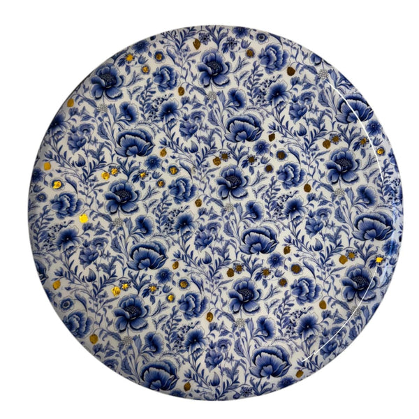 Metalen schaal met delfts blauwe bloemprint en goud accenten met een diameter van 50cm - WinQ