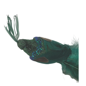 Decorative green bird ornament with glitter and feathers for home decor or crafts