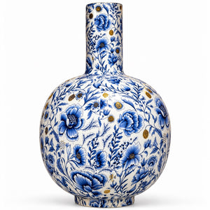 Hoge vaas met Delfs Blauwe print en goud accenten in 26x40cm - WinQ
