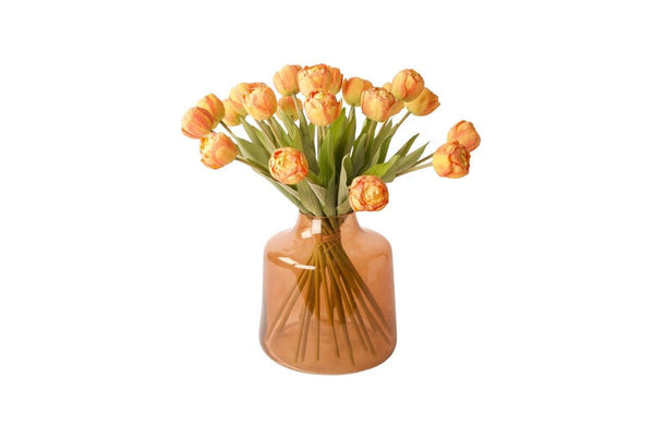 @1 tulpen op een cognac kleurige glasvaas