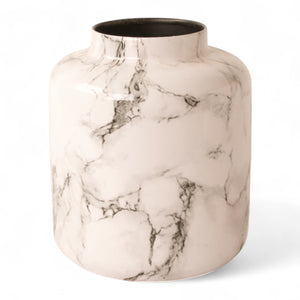 Metalen vaas met een gemarmerde print wit met donker grijs doorsnede 20cm en hoogte 30cm - WinQ