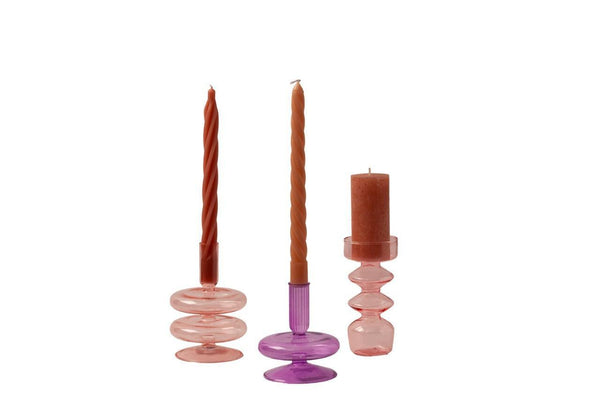 Kleurige Glaskandelaren in een set van 3 met kaarsen in een roze lila combinatie - WinQ