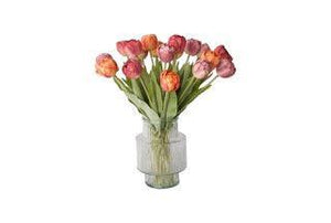 Zijden Boeket kunsttulpen in de kleuren rood, mauve en warm oranje in een glasvaas - WinQ