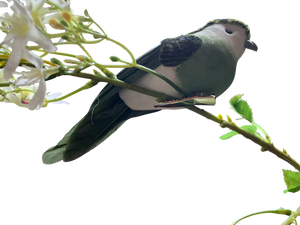 Groene kunstvogel met clip op tak tussen kunstbloemen, decoratie voor interieur