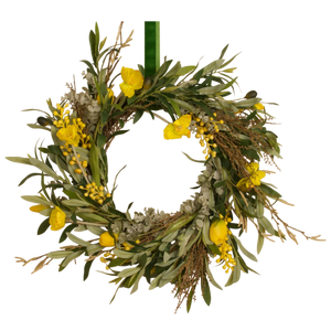 gele kunstkrans van eucalyptus en gele bloemen en mimosa hangend aan koord - WinQ